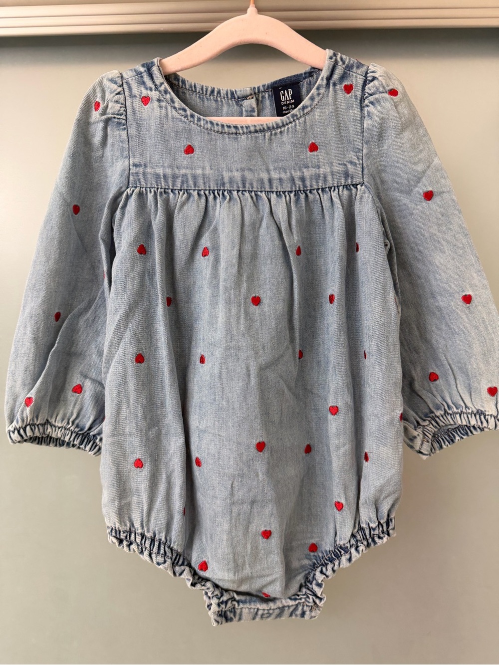 GAP Baby Girls' Light Blue Heart Denim Romper 18-24M